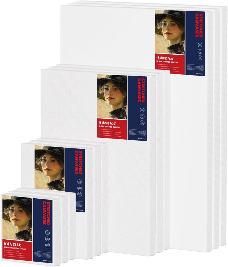 HANSILK 12 Pack Stretched Canvas for Painting - 100% Cotton Primed White Artist Canvases 4x4/5x7/9x12/12x16 Inch, Blank Canvas Panels for Acrylic, Oil, Watercolor Paint - Professional Art Supplies - Image 1